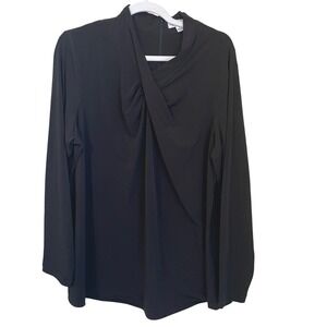 Susan Graver Size 1X Black Liquid Knit Long Sleeve Top Twist V-Neck